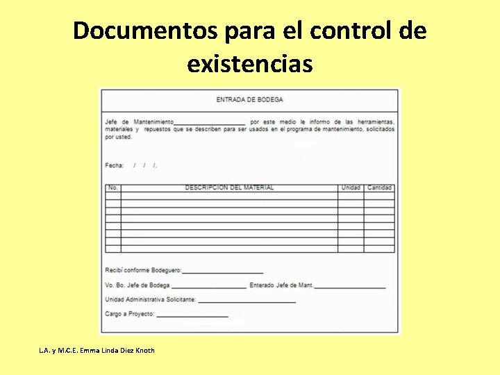 Documentos para el control de existencias L. A. y M. C. E. Emma Linda Documentos para el control de existencias L. A. y M. C. E. Emma Linda
