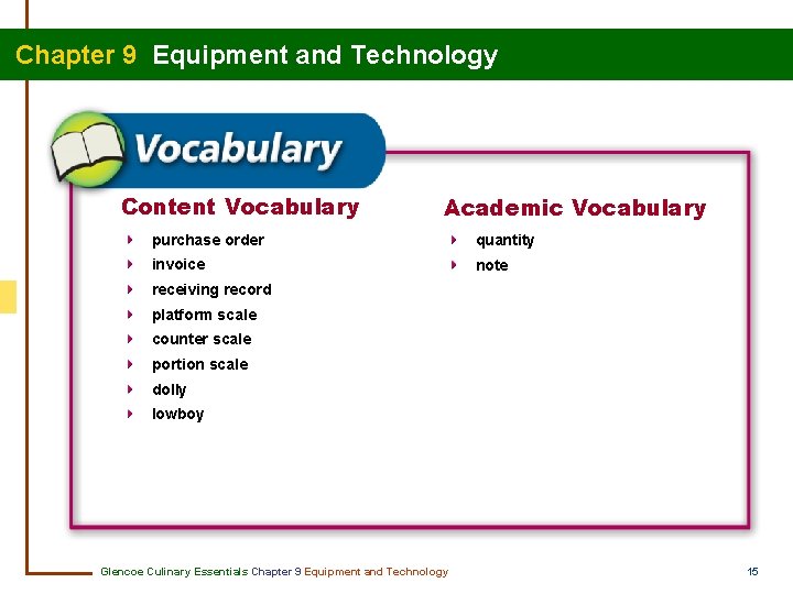 Chapter 9 Equipment and Technology Content Vocabulary Academic Vocabulary purchase order quantity invoice note