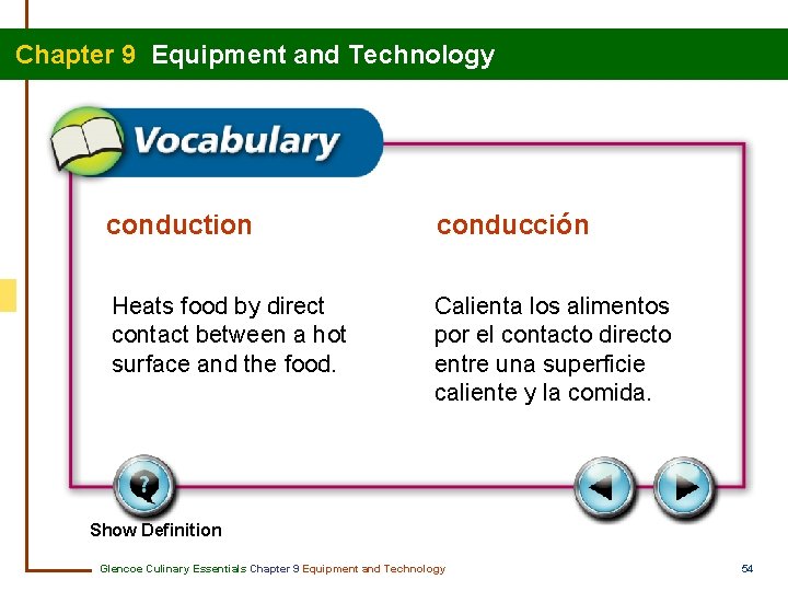 Chapter 9 Equipment and Technology conduction conducción Heats food by direct contact between a