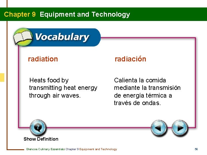 Chapter 9 Equipment and Technology radiation radiación Heats food by transmitting heat energy through