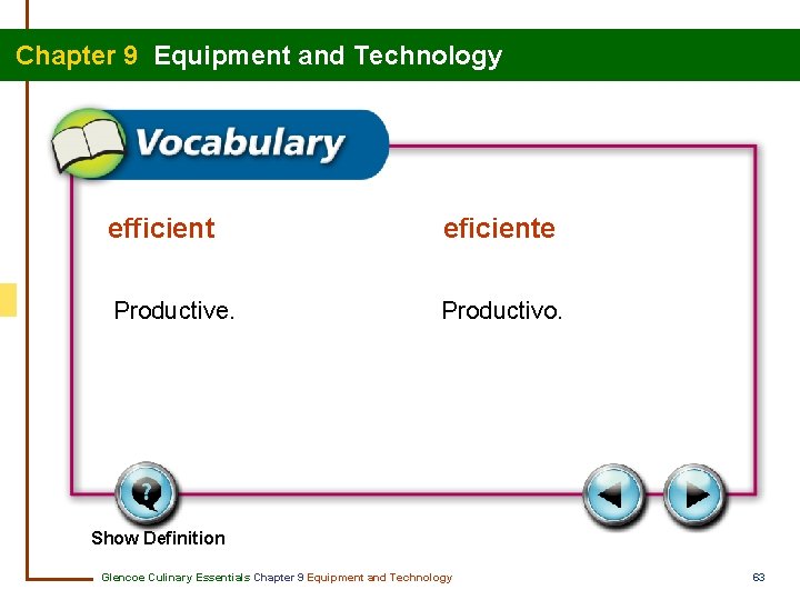 Chapter 9 Equipment and Technology efficient eficiente Productive. Productivo. Show Definition Glencoe Culinary Essentials