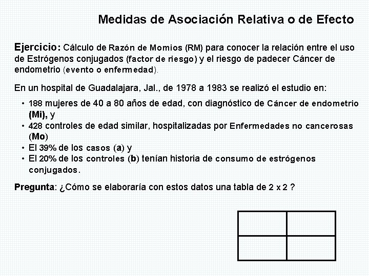 Medidas de Asociación Relativa o de Efecto Ejercicio: Cálculo de Razón de Momios (RM)