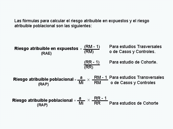 Las fórmulas para calcular el riesgo atribuible en expuestos y el riesgo atribuible poblacional