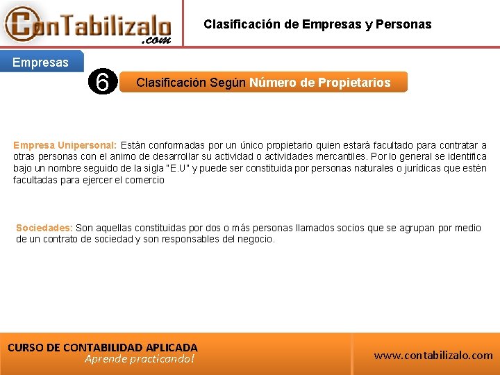 Clasificación de Empresas y Personas Empresas 6 Clasificación Según Número de Propietarios Empresa Unipersonal: