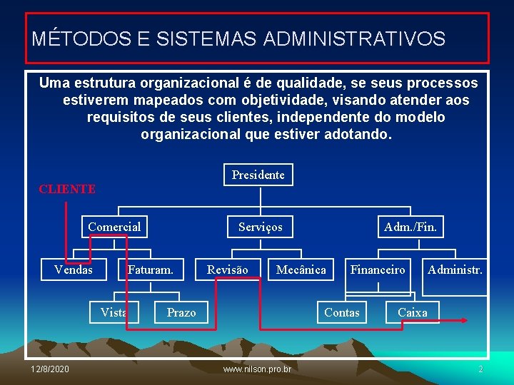 MÉTODOS E SISTEMAS ADMINISTRATIVOS Uma estrutura organizacional é de qualidade, se seus processos estiverem