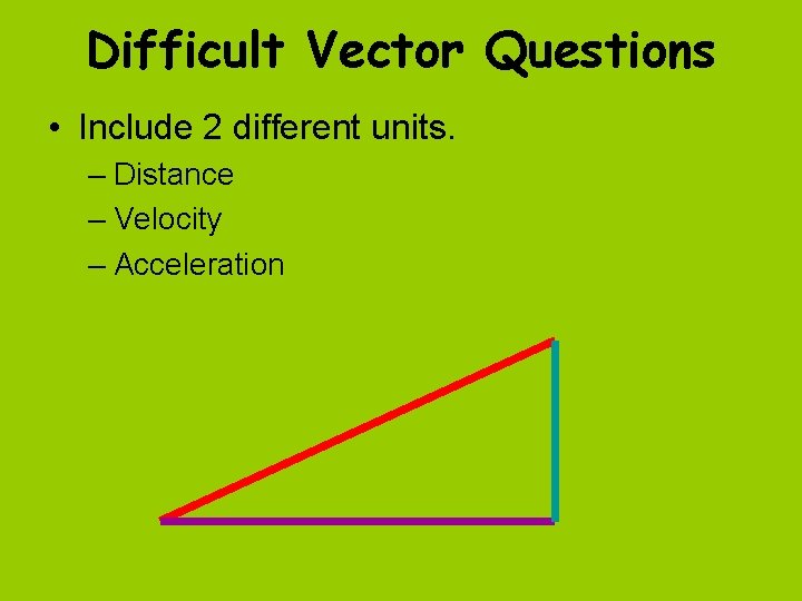 Difficult Vector Questions • Include 2 different units. – Distance – Velocity – Acceleration