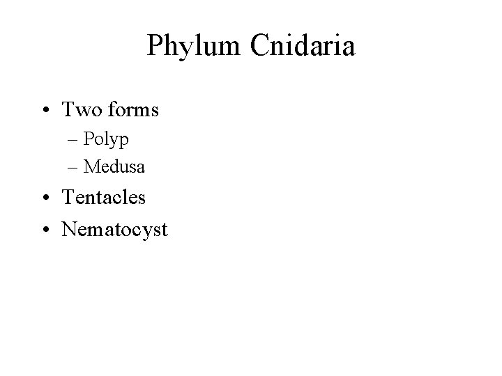 Phylum Cnidaria • Two forms – Polyp – Medusa • Tentacles • Nematocyst 