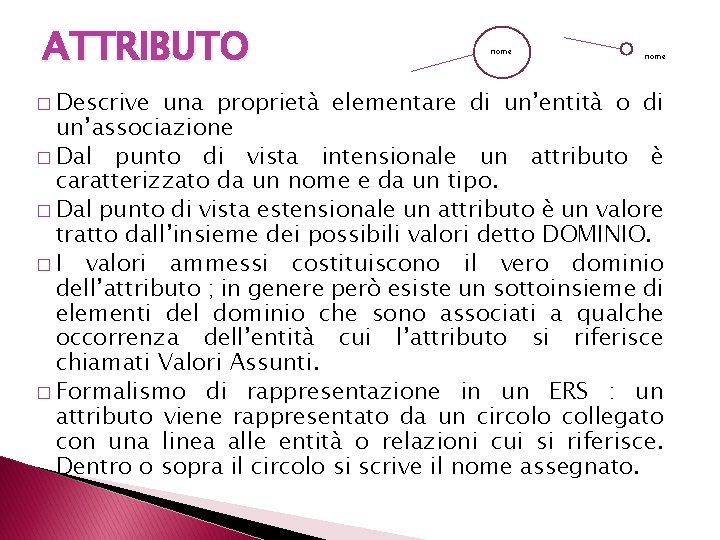 ATTRIBUTO � Descrive nome una proprietà elementare di un’entità o di un’associazione � Dal