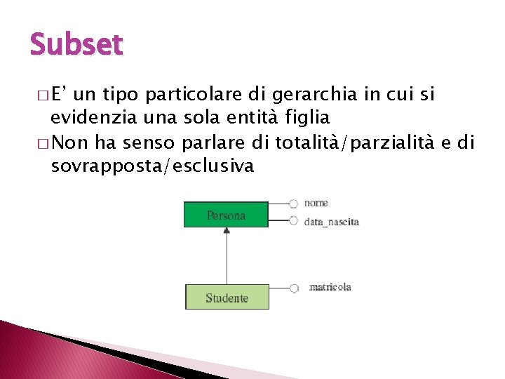 Subset � E’ un tipo particolare di gerarchia in cui si evidenzia una sola
