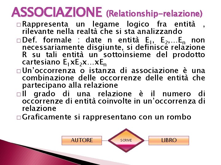 ASSOCIAZIONE (Relationship-relazione) � Rappresenta un legame logico fra entità , rilevante nella realtà che
