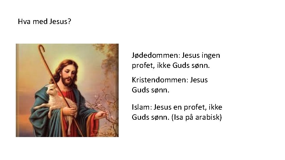 Hva med Jesus? Jødedommen: Jesus ingen profet, ikke Guds sønn. Kristendommen: Jesus Guds sønn.