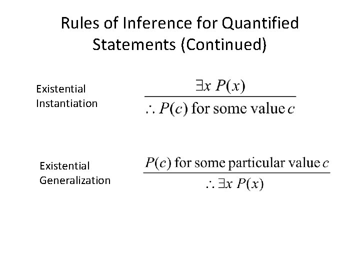 Rules of Inference for Quantified Statements (Continued) Existential Instantiation Existential Generalization 