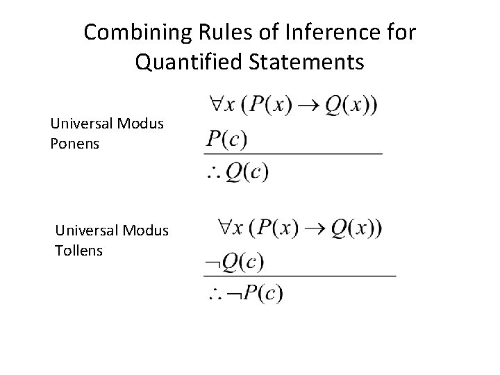 Combining Rules of Inference for Quantified Statements Universal Modus Ponens Universal Modus Tollens 