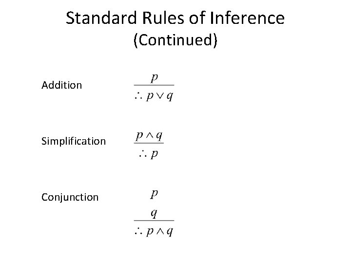 Standard Rules of Inference (Continued) Addition Simplification Conjunction 