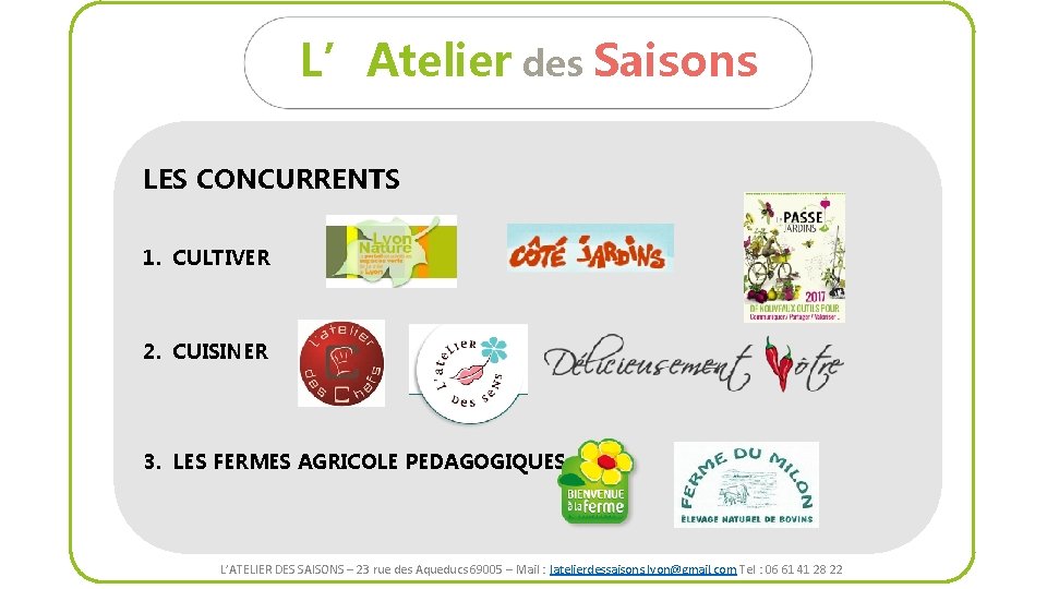 L’Atelier des Saisons LES CONCURRENTS 1. CULTIVER 2. CUISINER 3. LES FERMES AGRICOLE PEDAGOGIQUES