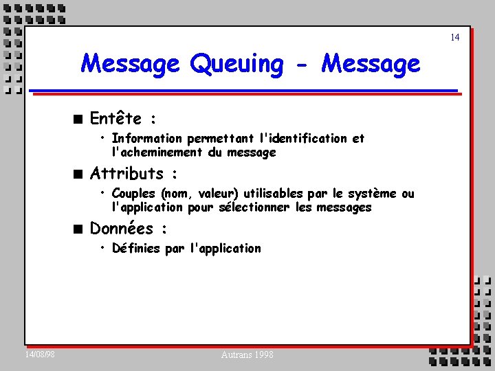 14 Message Queuing - Message n Entête : • Information permettant l'identification et l'acheminement