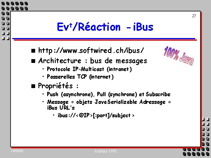 27 Ev t/Réaction - i. Bus n n http: //www. softwired. ch/ibus/ Architecture :