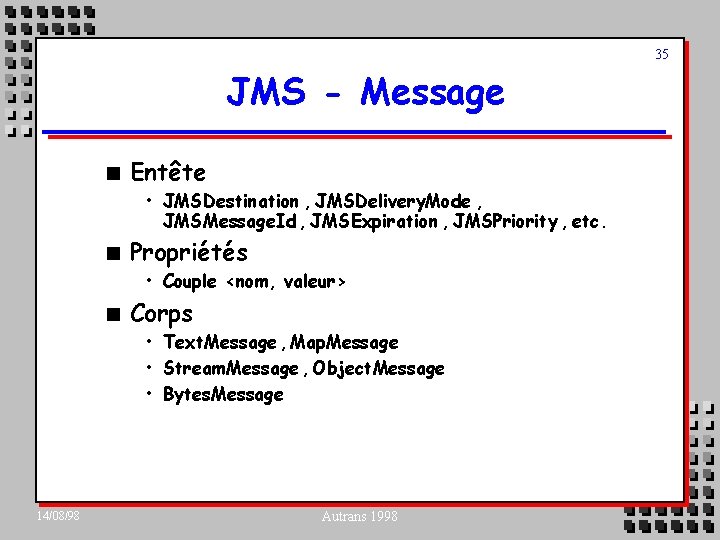 35 JMS - Message n Entête • JMSDestination , JMSDelivery. Mode , JMSMessage. Id
