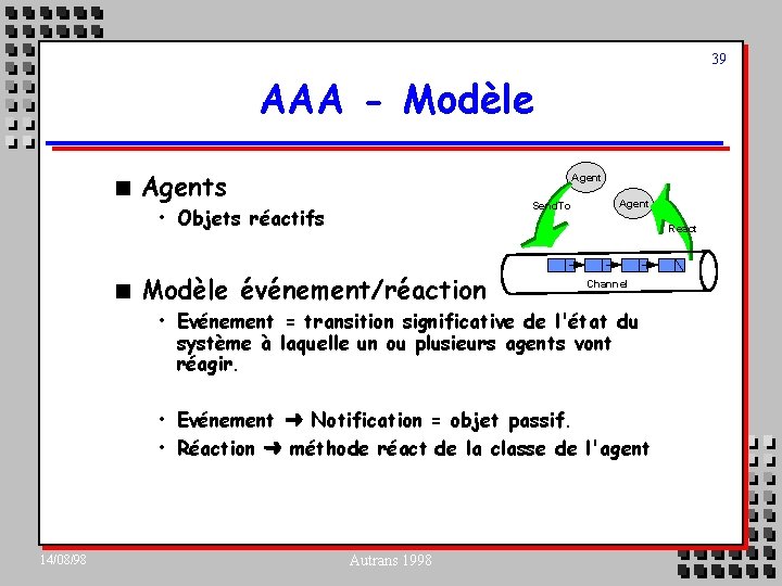 39 AAA - Modèle n Agents Agent Send. To • Objets réactifs n Agent