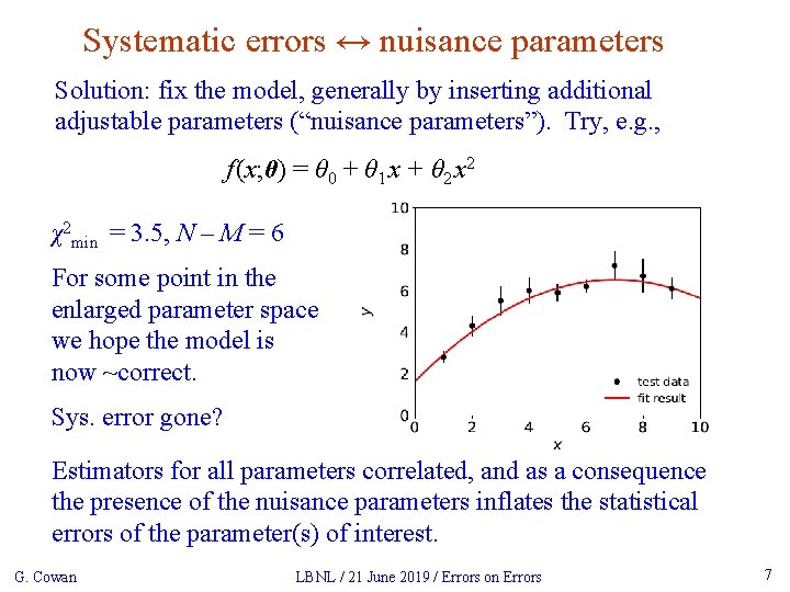 Systematic errors ↔ nuisance parameters Solution: fix the model, generally by inserting additional adjustable