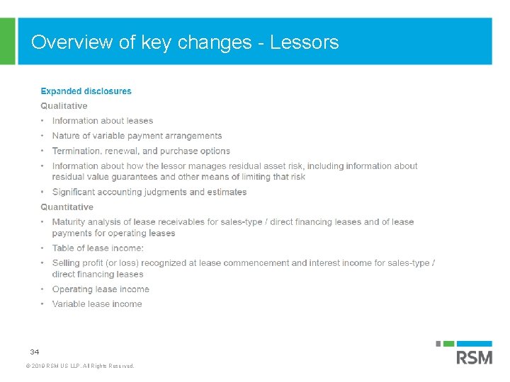 Overview of key changes - Lessors 34 © 2019 RSM US LLP. All Rights