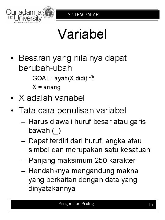 SISTEM PAKAR Variabel • Besaran yang nilainya dapat berubah-ubah GOAL : ayah(X, didi) X