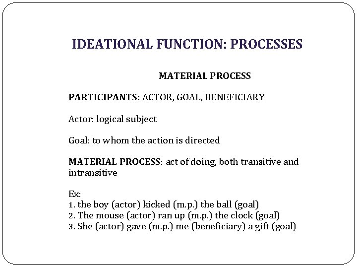 IDEATIONAL FUNCTION: PROCESSES MATERIAL PROCESS PARTICIPANTS: ACTOR, GOAL, BENEFICIARY Actor: logical subject Goal: to