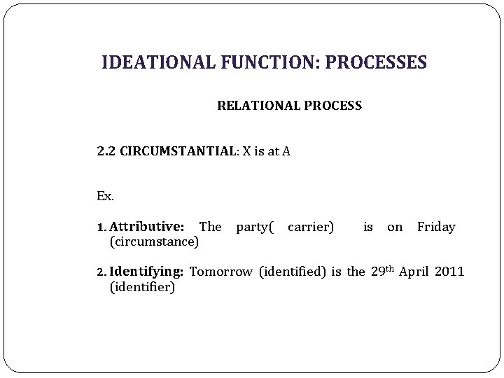 IDEATIONAL FUNCTION: PROCESSES RELATIONAL PROCESS 2. 2 CIRCUMSTANTIAL: X is at A Ex. 1.