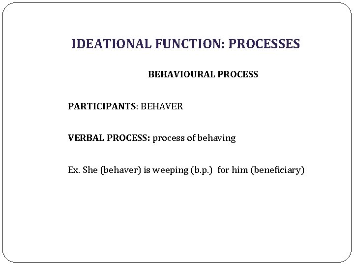 IDEATIONAL FUNCTION: PROCESSES BEHAVIOURAL PROCESS PARTICIPANTS: BEHAVER VERBAL PROCESS: process of behaving Ex. She