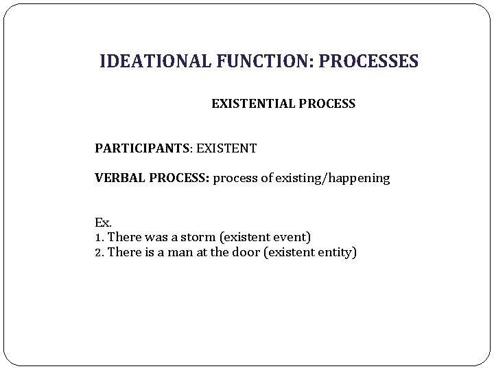 IDEATIONAL FUNCTION: PROCESSES EXISTENTIAL PROCESS PARTICIPANTS: EXISTENT VERBAL PROCESS: process of existing/happening Ex. 1.