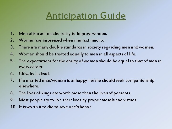 Anticipation Guide 1. 2. 3. 4. 5. Men often act macho to try to Anticipation Guide 1. 2. 3. 4. 5. Men often act macho to try to