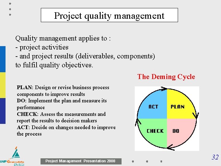 Project quality management Quality management applies to : - project activities - and project Project quality management Quality management applies to : - project activities - and project