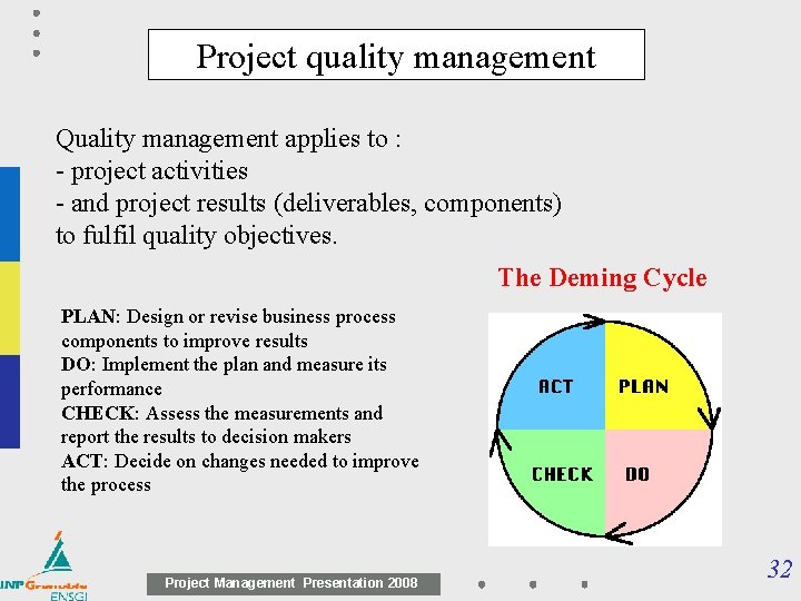 Project quality management Quality management applies to : - project activities - and project