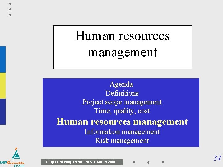 Human resources management Agenda Definitions Project scope management Time, quality, cost Human resources management