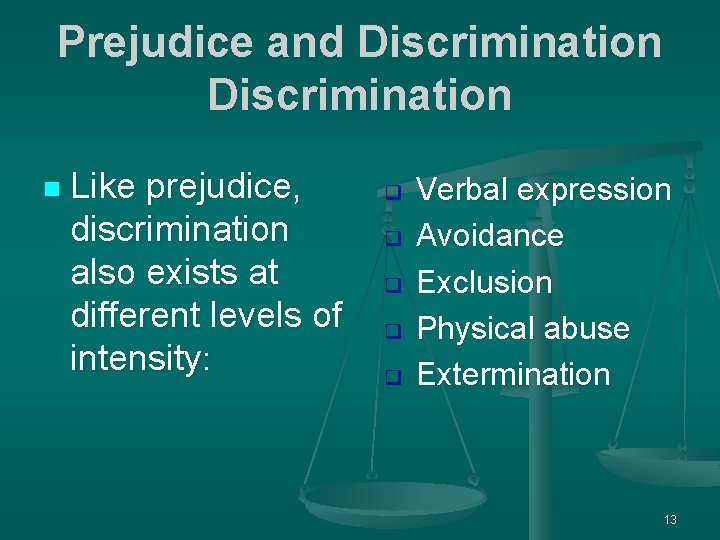 Prejudice and Discrimination n Like prejudice, discrimination also exists at different levels of intensity: