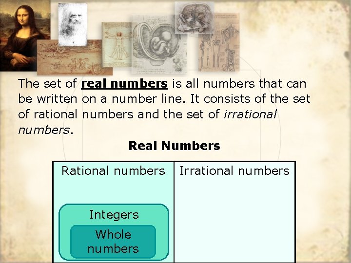 The set of real numbers is all numbers that can be written on a
