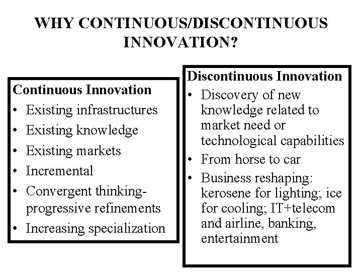 WHY CONTINUOUS/DISCONTINUOUS INNOVATION? Continuous Innovation • Existing infrastructures • Existing knowledge • Existing markets