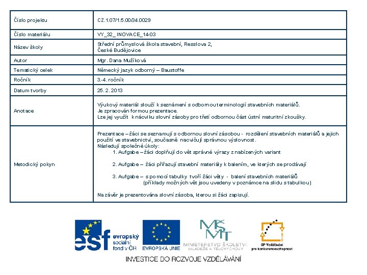 Číslo projektu CZ. 1. 07/1. 5. 00/34. 0029 Číslo materiálu VY_32_ INOVACE_14 -03 Název