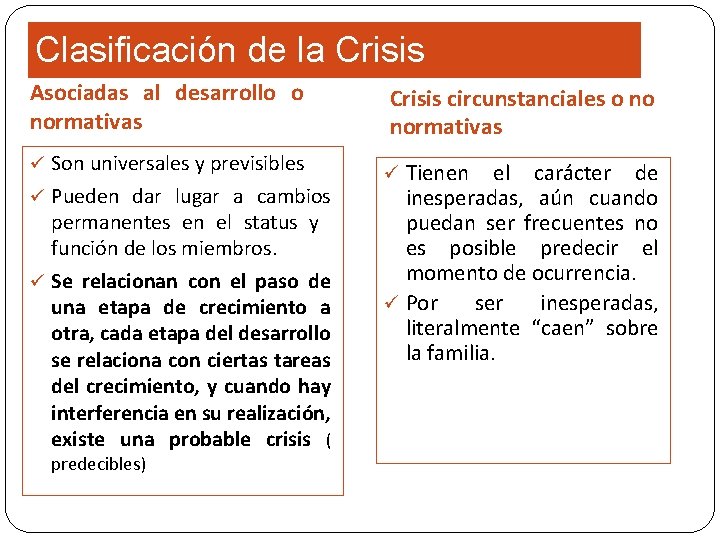 Clasificación de la Crisis Asociadas al desarrollo o normativas Crisis circunstanciales o no normativas