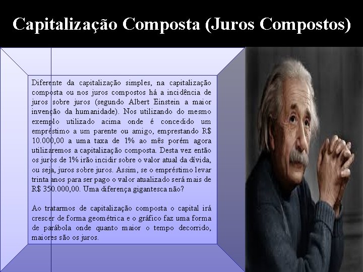 Capitalização Composta (Juros Compostos) Diferente da capitalização simples, na capitalização composta ou nos juros