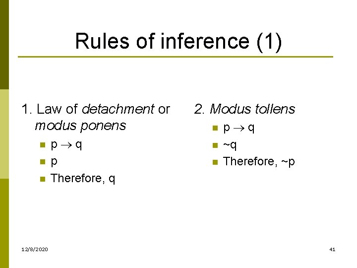 Rules of inference (1) 1. Law of detachment or modus ponens n n n