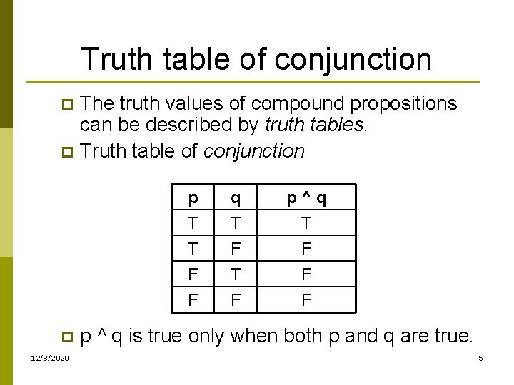 Truth table of conjunction The truth values of compound propositions can be described by