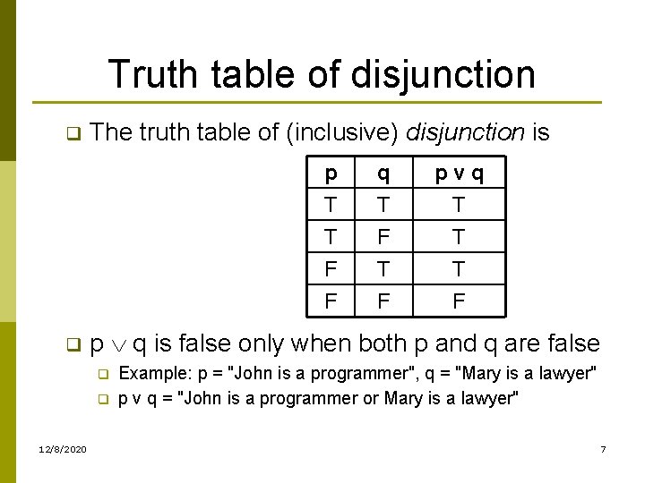 Truth table of disjunction q q The truth table of (inclusive) disjunction is q