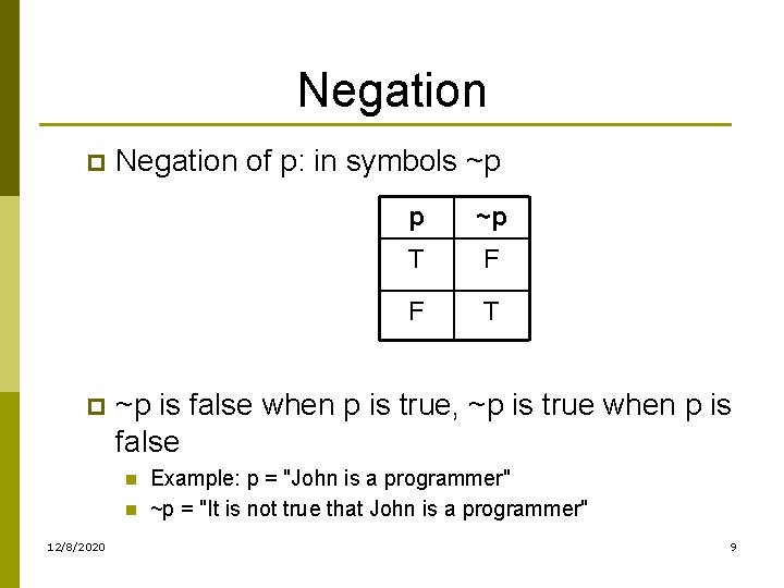 Negation p p Negation of p: in symbols ~p ~p T F F T