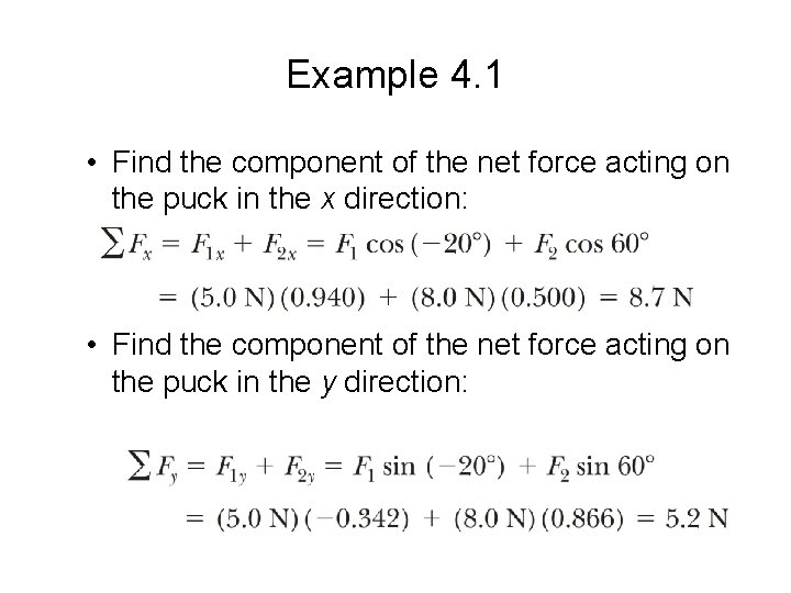 Example 4. 1 • Find the component of the net force acting on the