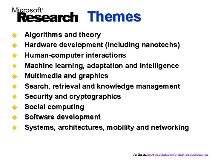  Themes u u u u u Algorithms and theory Hardware development (including nanotechs)