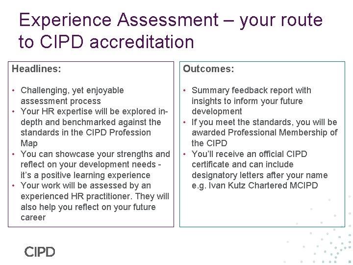 Experience Assessment – your route to CIPD accreditation Headlines: Outcomes: • Challenging, yet enjoyable