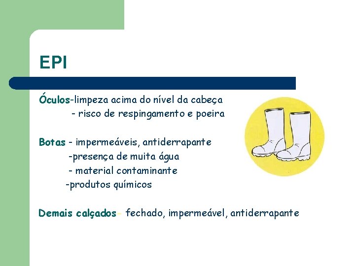 EPI Óculos-limpeza acima do nível da cabeça - risco de respingamento e poeira Botas
