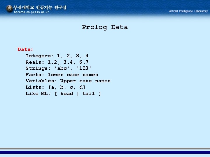 Prolog Data: Integers: 1, 2, 3, 4 Reals: 1. 2, 3. 4, 6. 7
