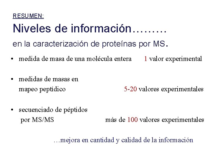 RESUMEN: Niveles de información……… en la caracterización de proteínas por MS. • medida de